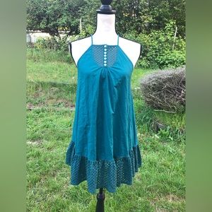 Free People Cross Back Teal Summer Shift Mini Dress